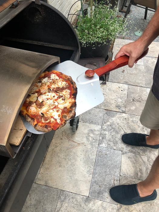 Metal Pizza Peel - Folding Wood Handle for Easy Storage - 12"x 14" Aluminum Paddle inc Beveled Edge